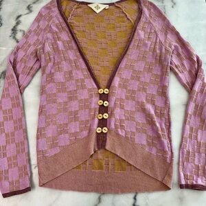 Anthropologie Pink and Tan Checkered Cardigan